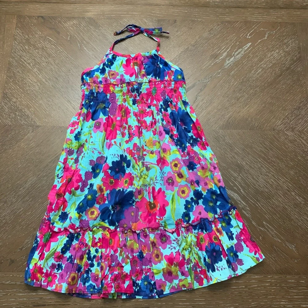 Girls turquoise/navy/pink flower print sun dress
